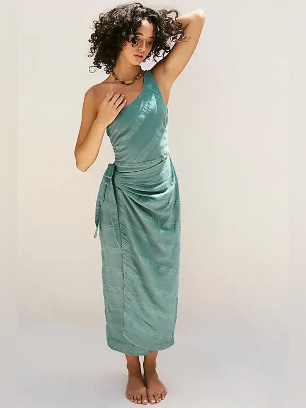 Free People One-Shoulder Teal Wrap Midi Dress